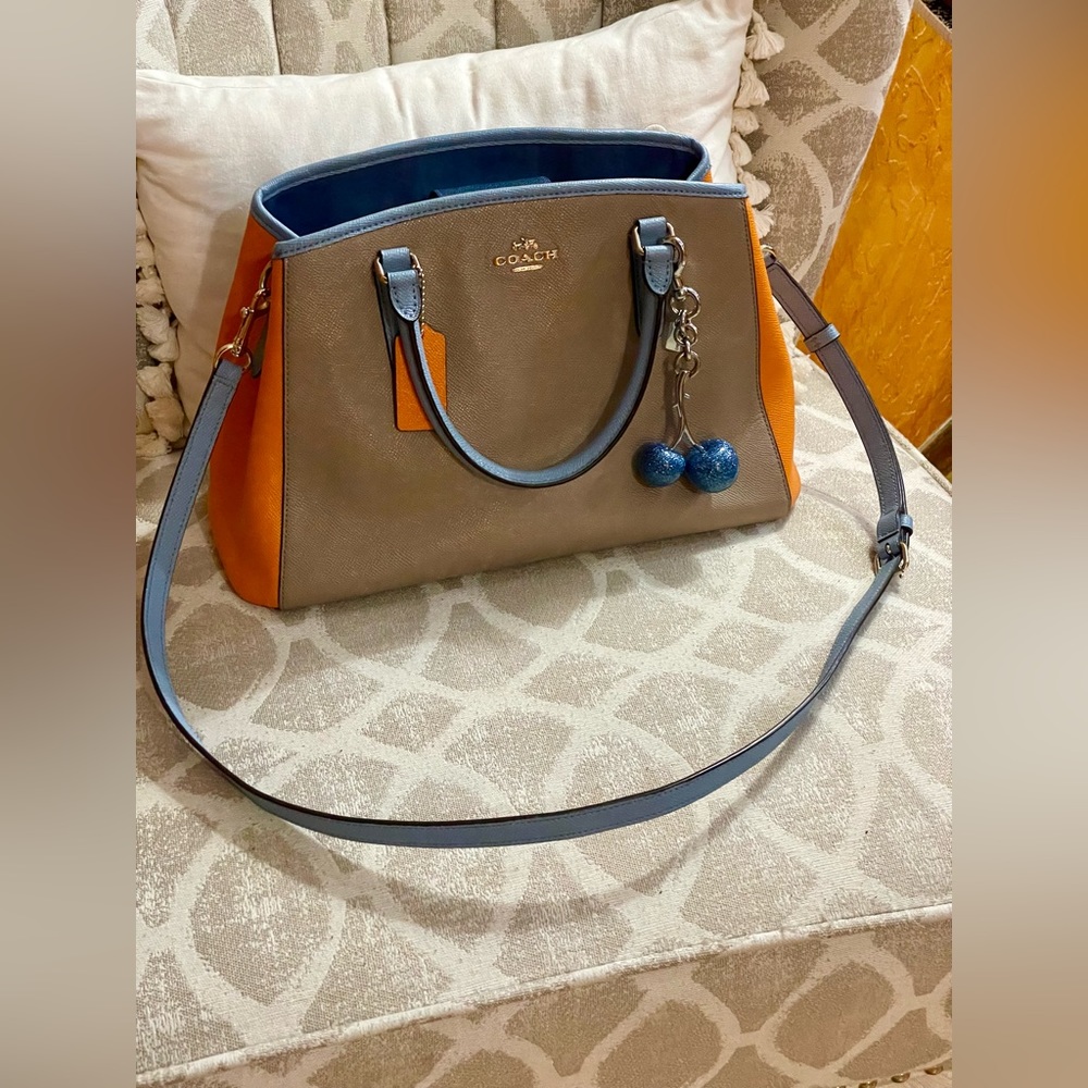 Coach Margot colorblock blue and orange leather carryall shoulder bag